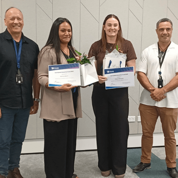 Kahira and Taryn with Rāwiri Blundell, GM Māori health and equity (left) and Charlie Poihipi, programme manager Māori health and equity. 